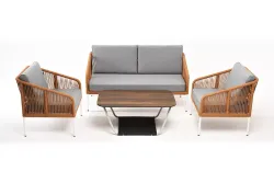 "Канны" лаунж-зона 4-местная из роупа со столом "Глория" цвет "дуб", каркас алюминиевый светло-серый, роуп оранжевый меланж