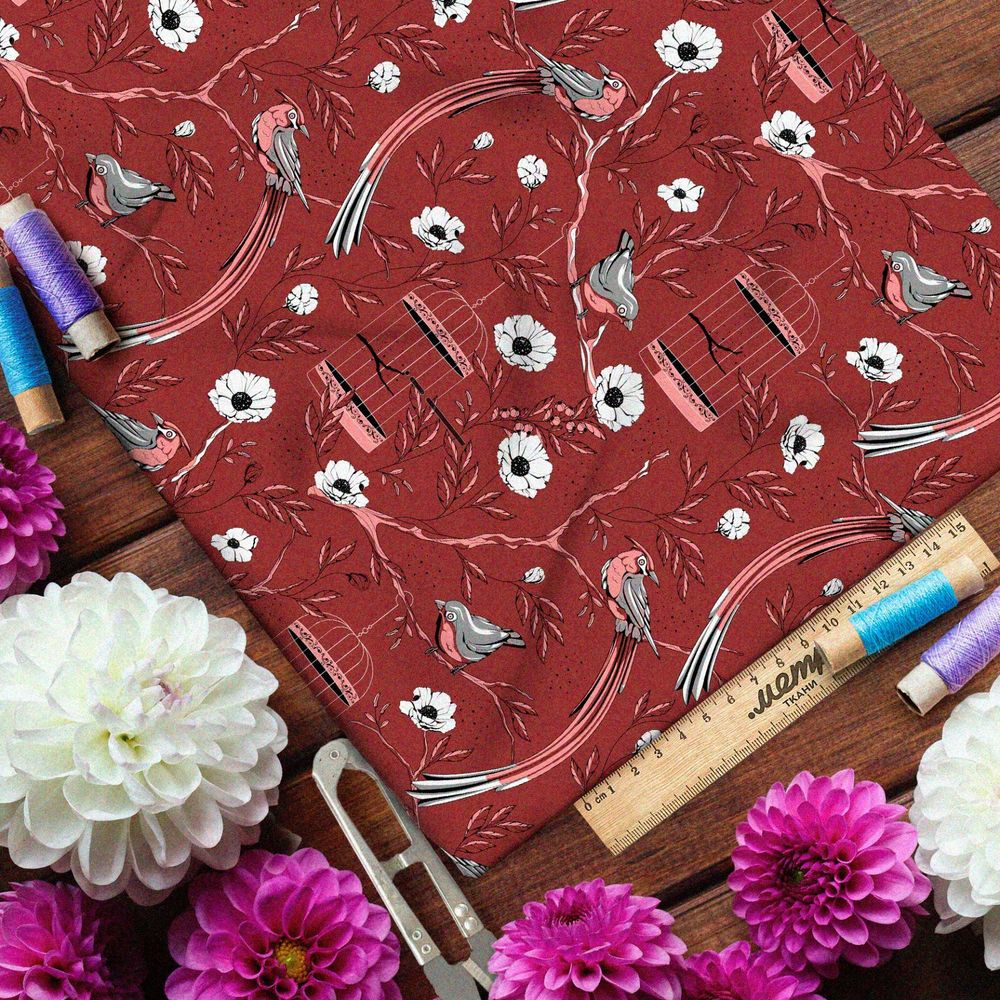 Ткань бифлекс мелкие снегири, цветы и птичьи клетки на бордовом фоне
