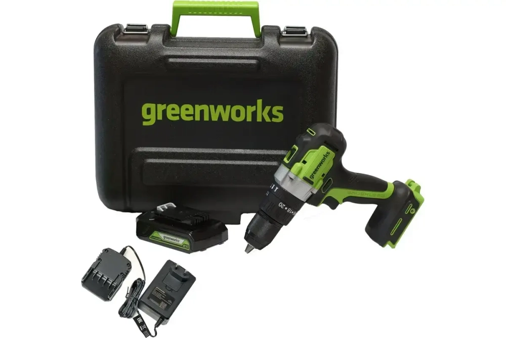 Дрель-шуруповерт аккумуляторная Greenworks Арт. 3704107UA, 24V, c 1хАКБ 2 Ач и ЗУ в кейсе
