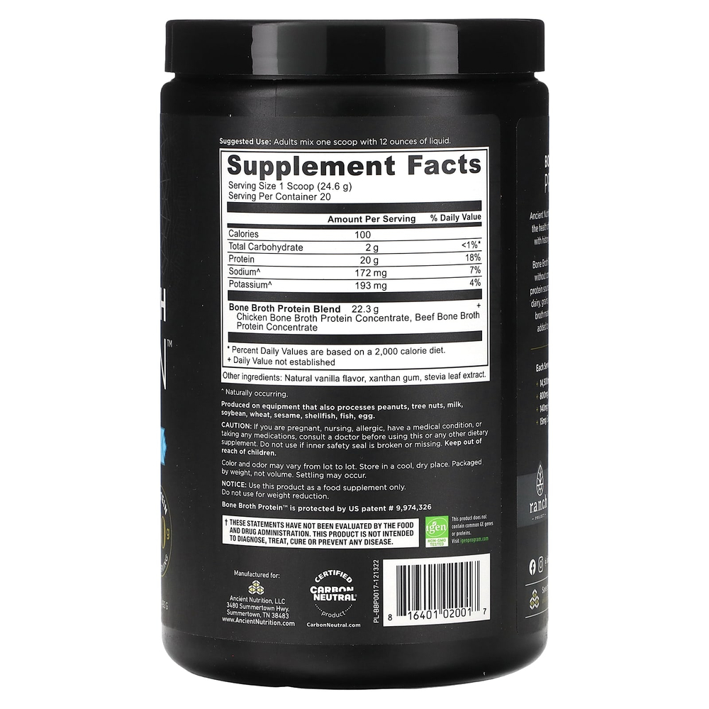 Ancient Nutrition, протеин из костного бульона, ваниль, 492 г (1,1 фунта)