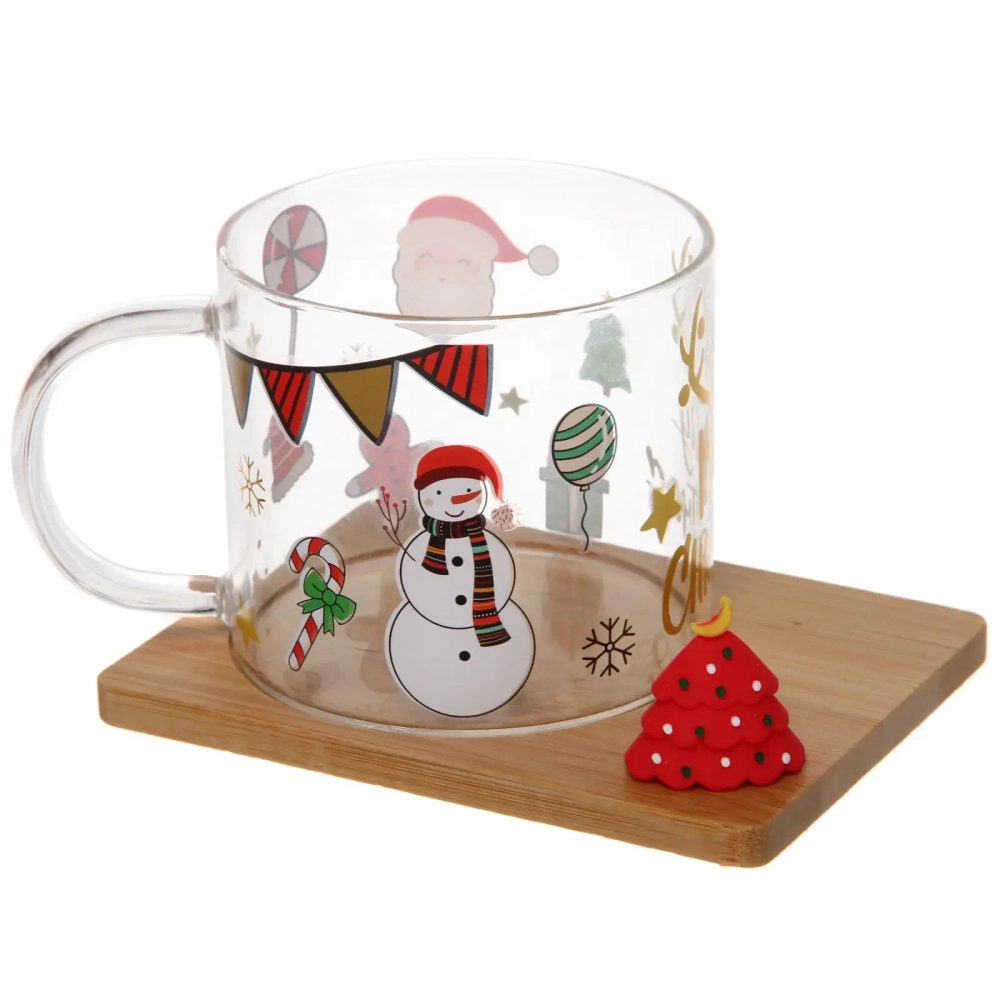 Кружка стеклянная 280мл «Новогодние чудеса» на бамбуковой подставке, прозрачная