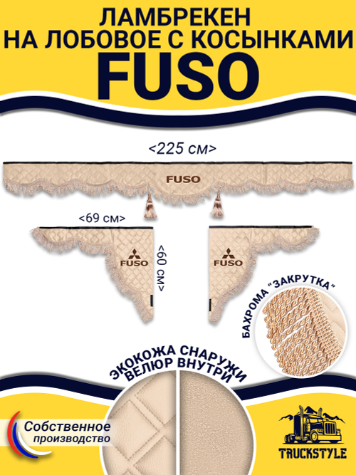 Ламбрекен с косынками стеганые Fuso (экокожа, бежевый, бежевая бахрома "закрутка")