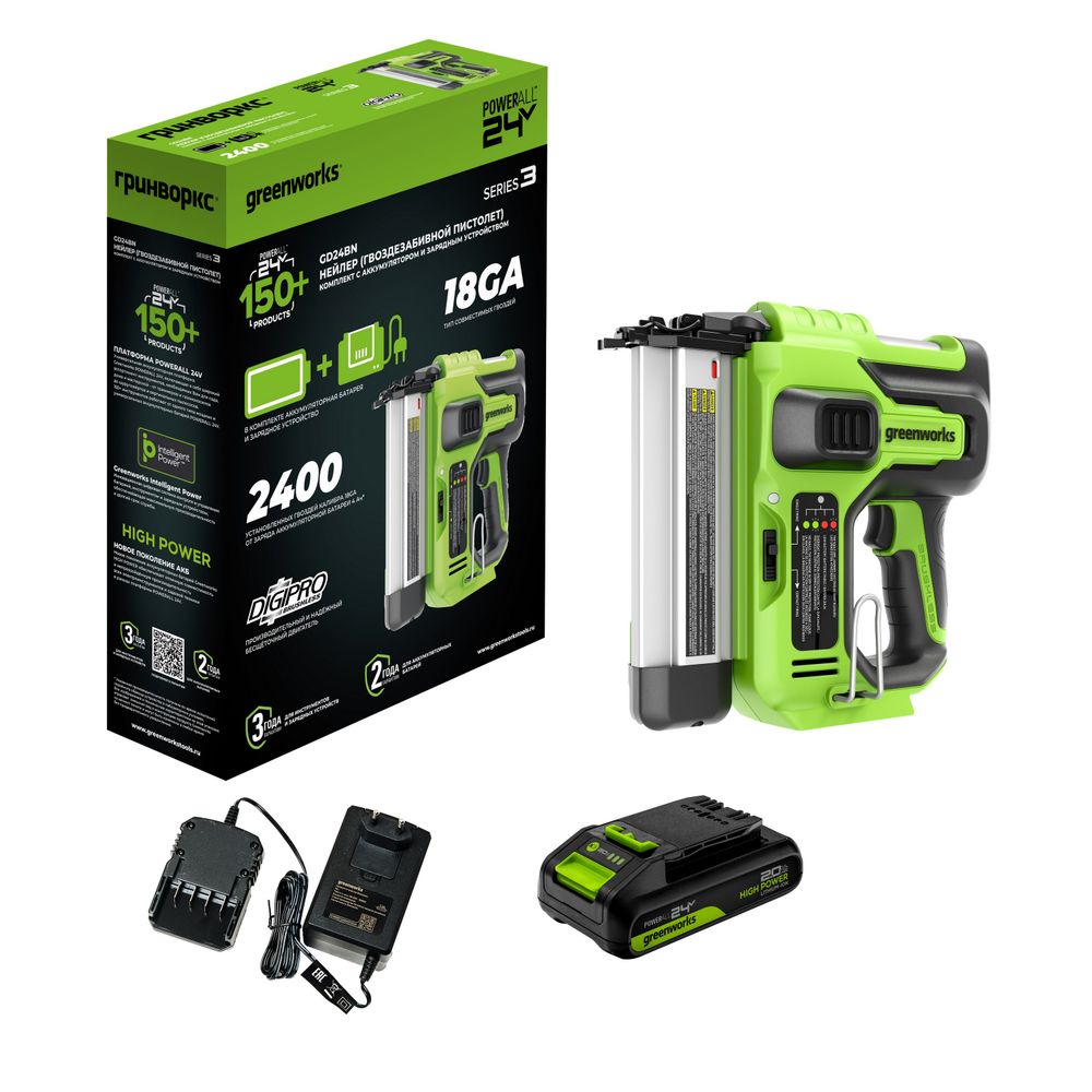 Нейлер акк. Greenworks GD24BN, 24V, б/щет,100 уд/мин, гвозди 18GA, LED,1х2Ач,ЗУ,кор (3400707CUA)