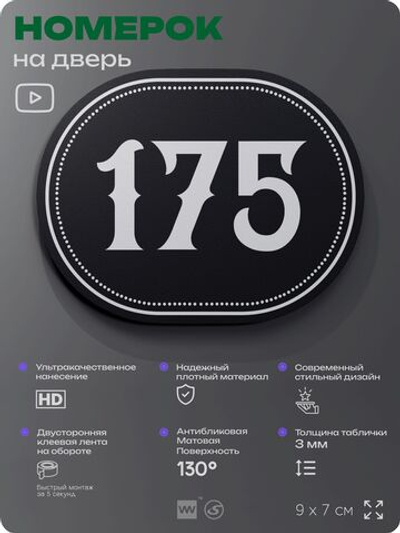 Номерок на дверь квартиры 175, для кабинета, офиса, шильдик 9 х 7 см, черный, Айдентика Технолоджи