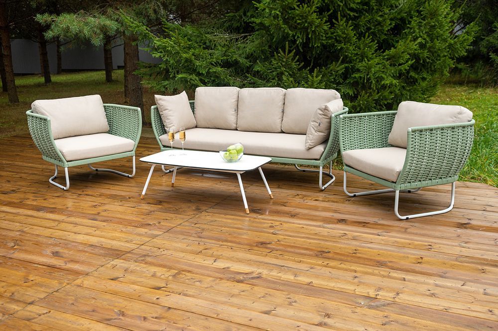 "Фиджи" лаунж-зона 5-местная плетеная из роупа (веревки), каркас алюминиевый светло-серый, роуп зеленый (4204) плоский