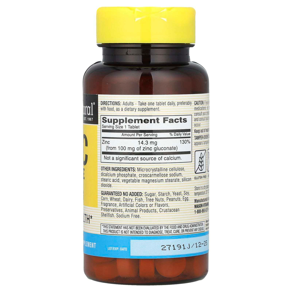 Mason Natural, Хелатный глюконат цинка, 100 мг, 100 таблеток