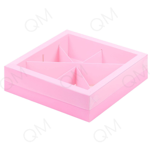 Коробка для ассорти сладостей с пластиковой крышкой на 4 или 6 ячеек 200х200х55 (розовая матовая)