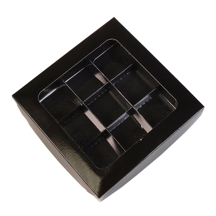 Коробка для 9 конфет с пластиковой крышкой 155*155*30 мм (черная)