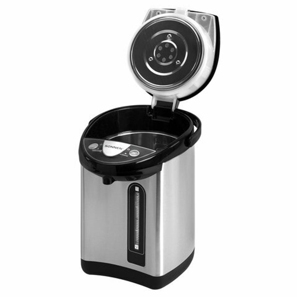Термопот SONNEN TP-38, 4 л, 900 Вт, 1 температурный режим, 3 режима подачи воды, сталь, черный/серебро, 456710