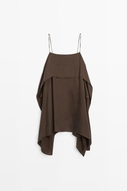 Massimo Dutti Мини-платье на бретелях с оборками, коричневый