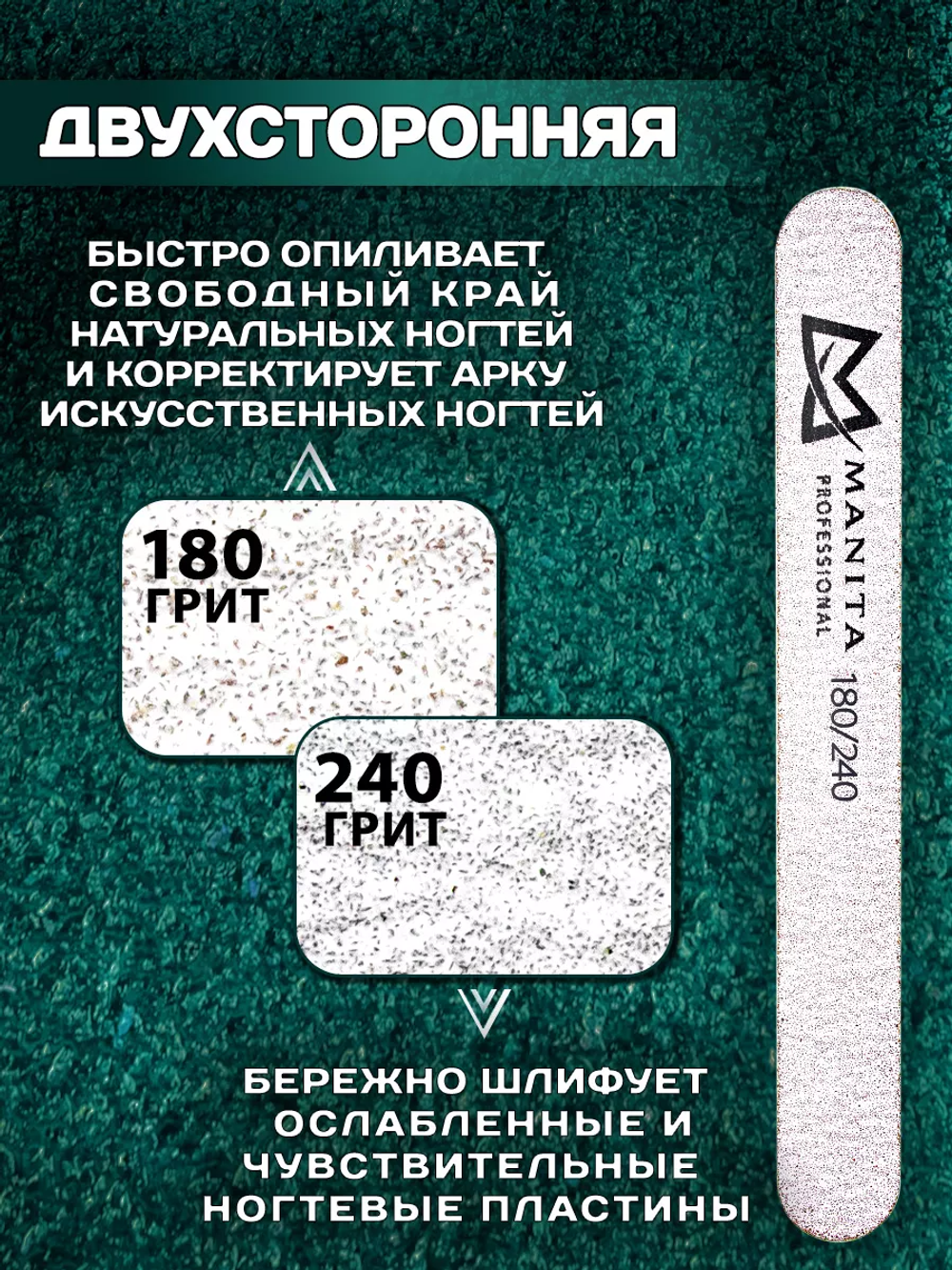 Пилка для ногтей Прямая MINI 180/240 грит, 13 см 50шт/уп.,  MANITA PROFESSIONAL