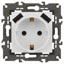 14-4109-01 ЭРА Розетка 2P+E 16A-250В, штор. с 2xUSB 5В-3А, Эра Elegance, белый