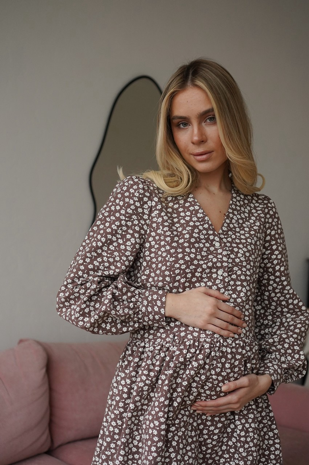 Платье Ева из фланели для беременных и кормящих мам, Мокко с цветами