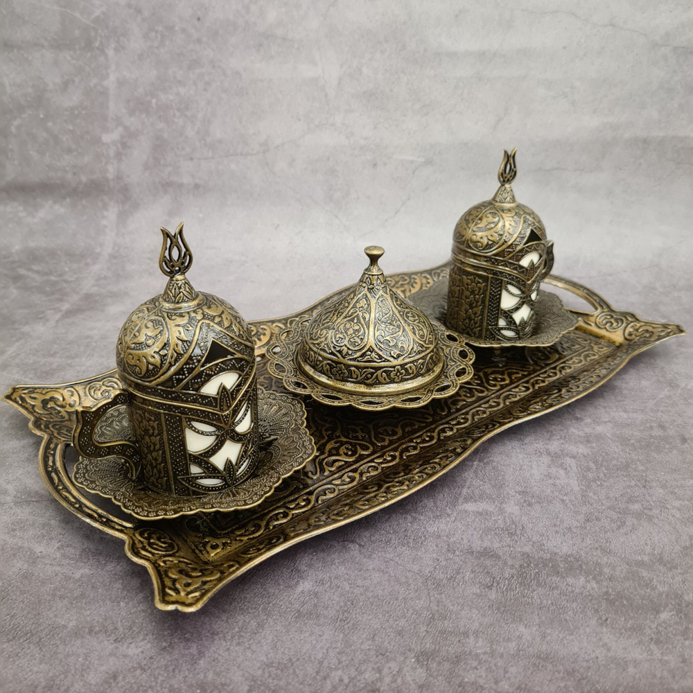 Кофейный набор "Lale" на 2 персоны с лукумницей и подносом/ACAR. Турция (бронзовый)