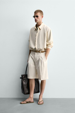 ZARA ШОРТЫ WIDE FIT С ЗАЩИПАМИ, ЖЕЛТОВАТО-БЕЛЫЙ