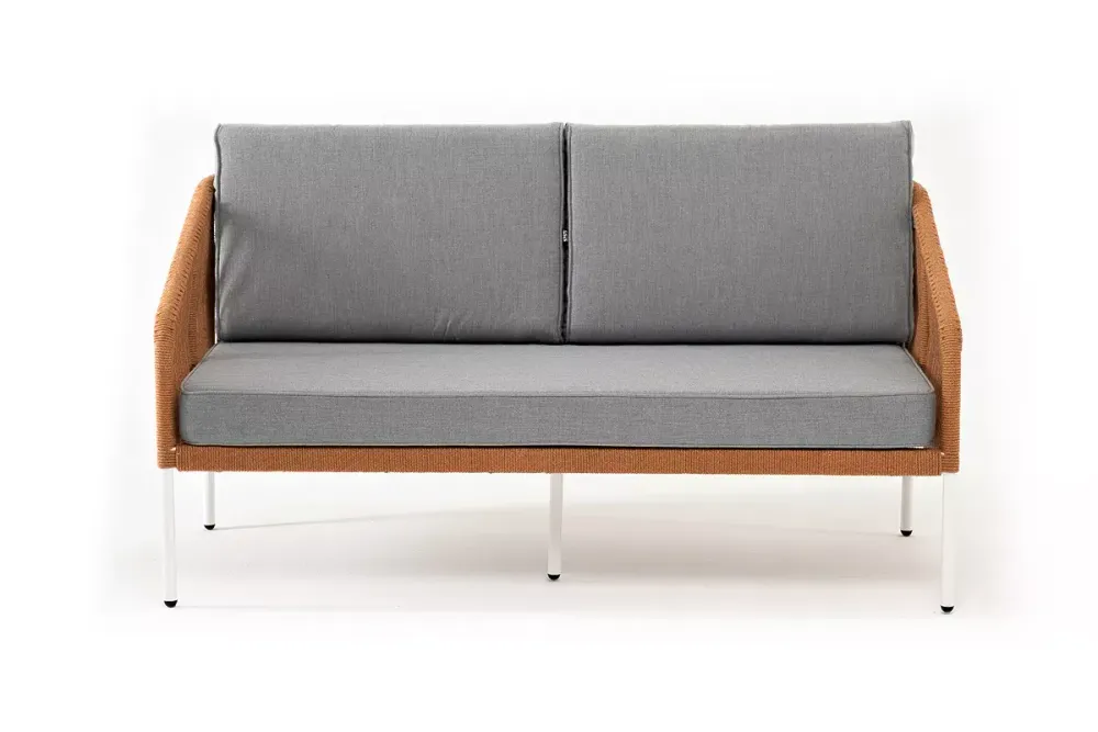 "Канны" диван 2-местный плетеный из роупа, каркас алюминий светло-серый (RAL7035) муар, роуп оранжевый меланж круглый, ткань светло-серая