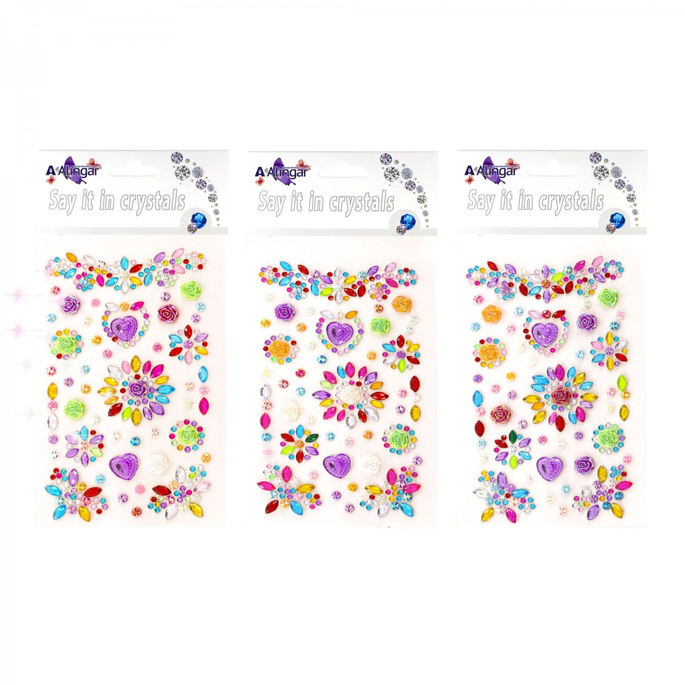 Наклейки-стразы Alingar, акриловые, "Нежная композиция", цветочки, сердечки, пакет с европодвесом