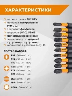 Набор бит торсионных IMPACT S2 PH PZ SL HEX x 50 мм 10 шт RAGE by VIRA
