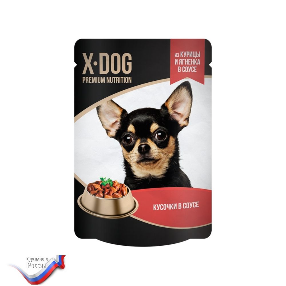 X-Dog из курицы и ягненка в соусе Корм консервированный полнорационный X-DOG для взрослых собак. Кусочки в соусе из курицы и ягненка. 24 шт. по 85 г.