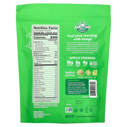 Manitoba Harvest, Овсянка быстрого приготовления, с яблоком и корицей, 5 пакетиков по 51 г (1,8 унции)