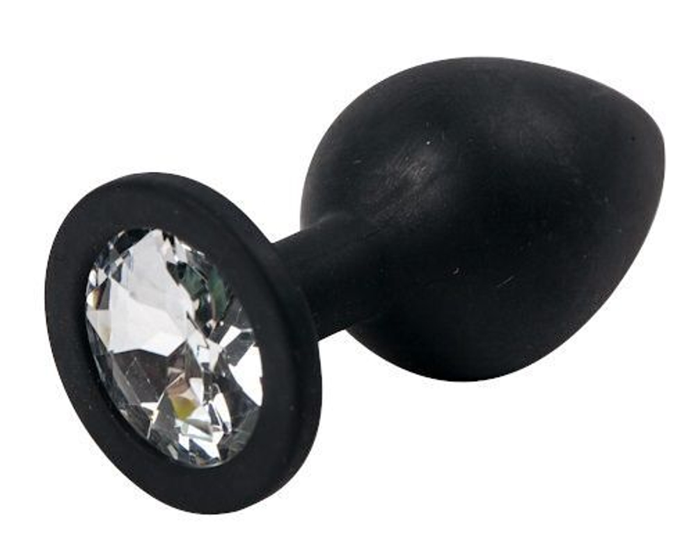 Черная силиконовая анальная пробка с прозрачным стразом - 8,2 см. (Цвет: прозрачный)