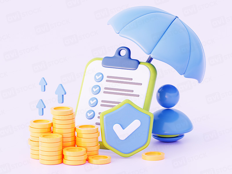 3D-иллюстрация с монетами, зонтом и щитом