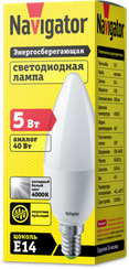 Лампа светодиодная Navigator C37 220V Е14 5W 4000K свеча 22025