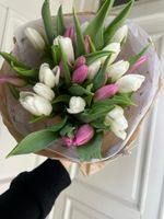 Букет из 25 тюльпанов белого и лавандового цвета