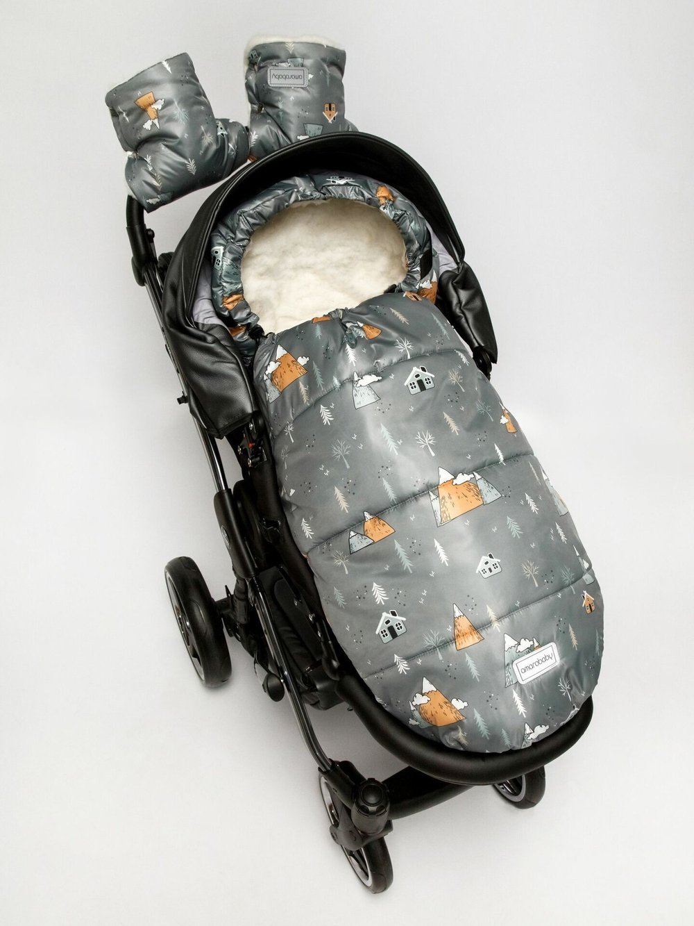 Конверт зимний меховой AMAROBABY Snowy Travel Горы, серый, 105 см.