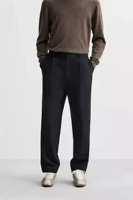 ZARA БРЮКИ ИЗ ХЛОПКА И ШЕРСТИ СО СКЛАДКАМИ, МОРСКОЙ СИНИЙ