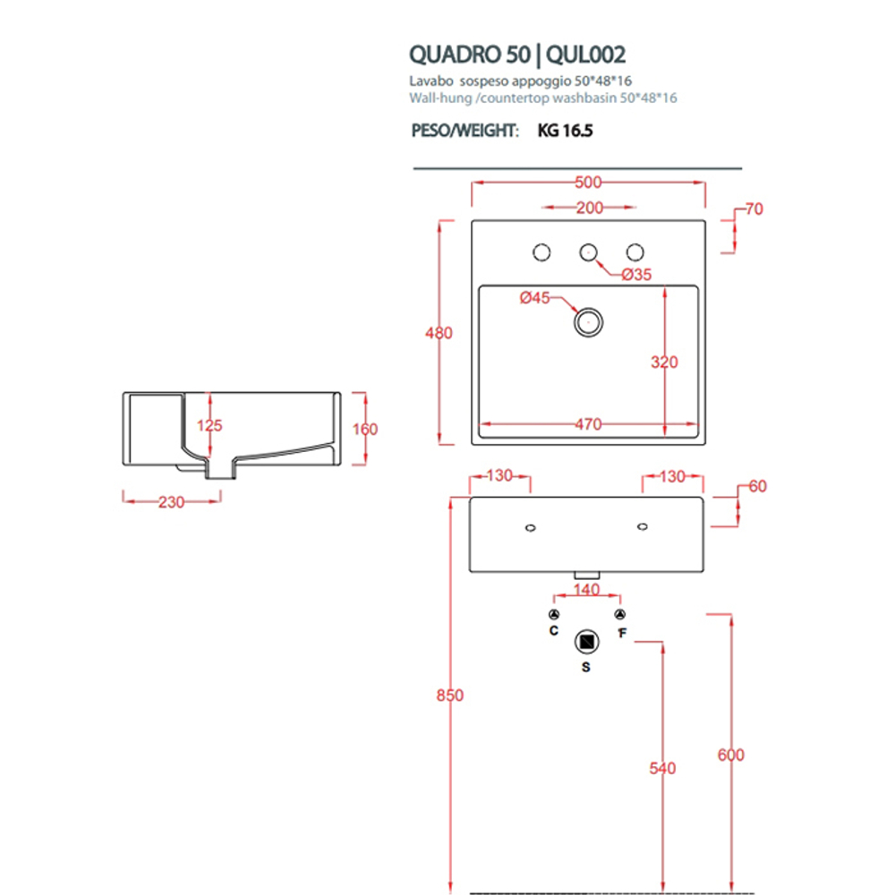 Раковина Artceram Quadro QUL002 01 00 подвесная 50 см, цвет белый