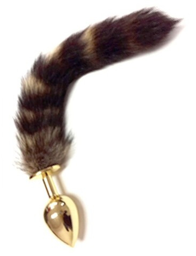Анальная большая золотая пробка с полосатым хвостом (Цвет: золотой , полосатый мех)
