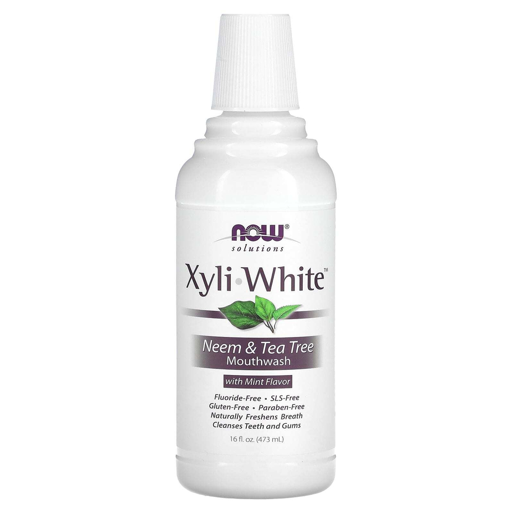 NOW Foods, Solutions, жидкость для полоскания рта Xyli-White, без фтора, нима и чайного дерева со вкусом мяты, 473 мл (16 жидк. унц.)