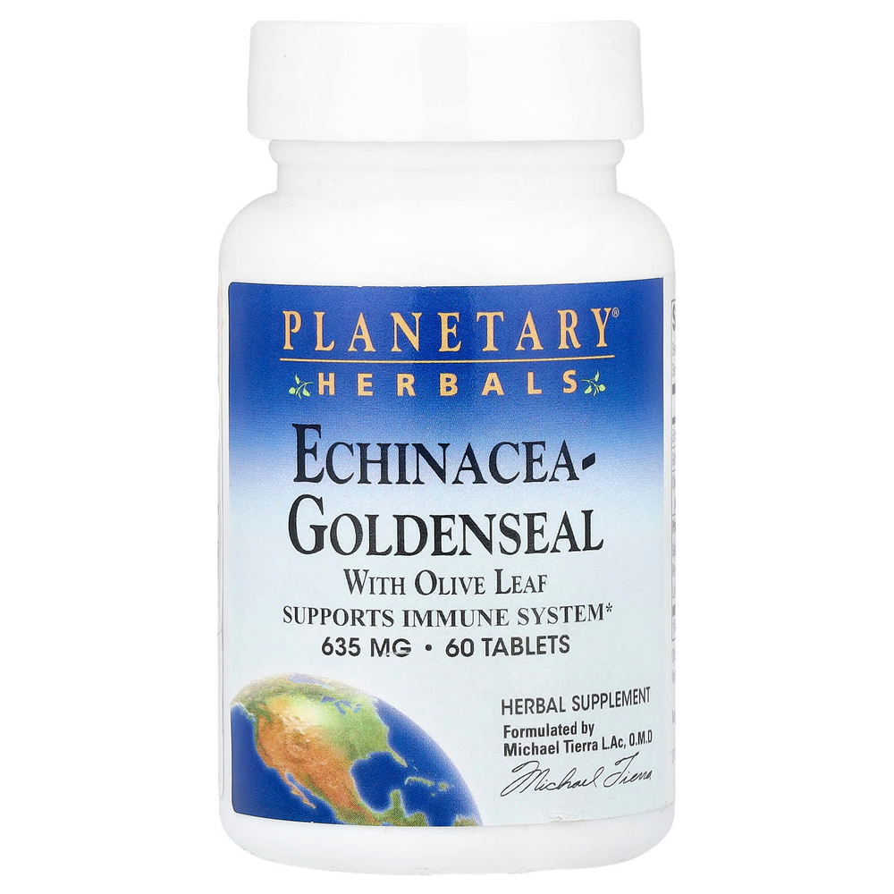 Planetary Herbals, эхинацея и желтокорень с оливковыми листьями, 60 таблеток (317 мг в 1 таблетке)