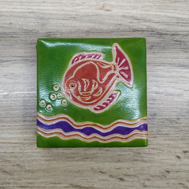 Кошелек под мелочь Рыбка Дискус, цвет зеленый, кожа, ручной принт 7x7x1,5 см