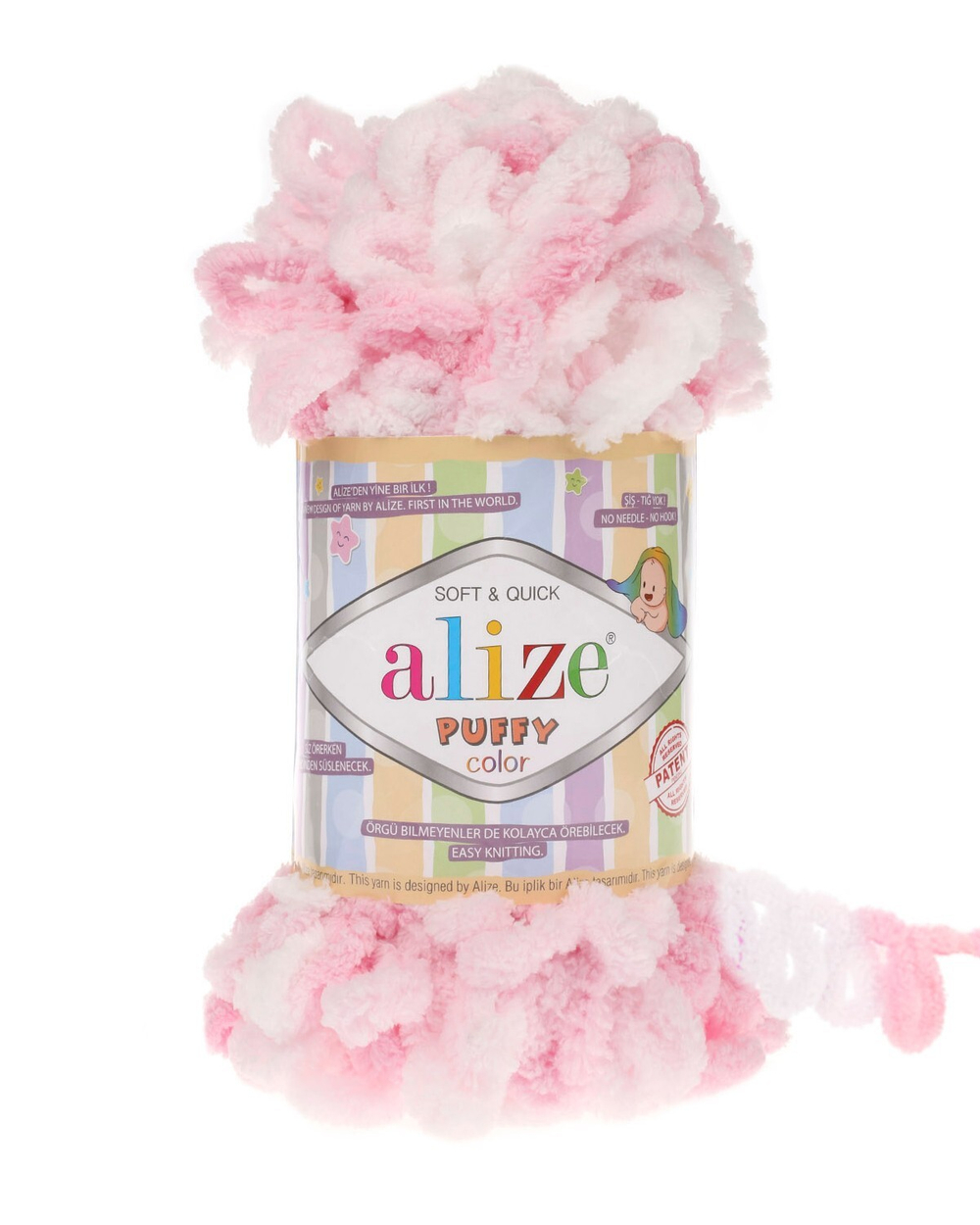 Пуффи колор (Puffy color) пряжа Alize 100%микрополиэстер 5х100г/9 м (5863 белый-розовый)