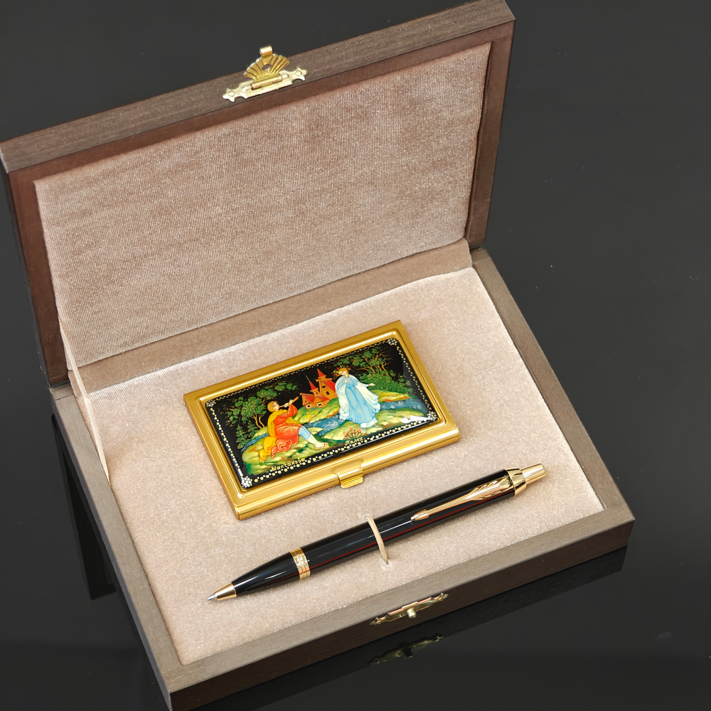 Набор "Пастушок" визитница персональная с ручной росписью и ручка Parker