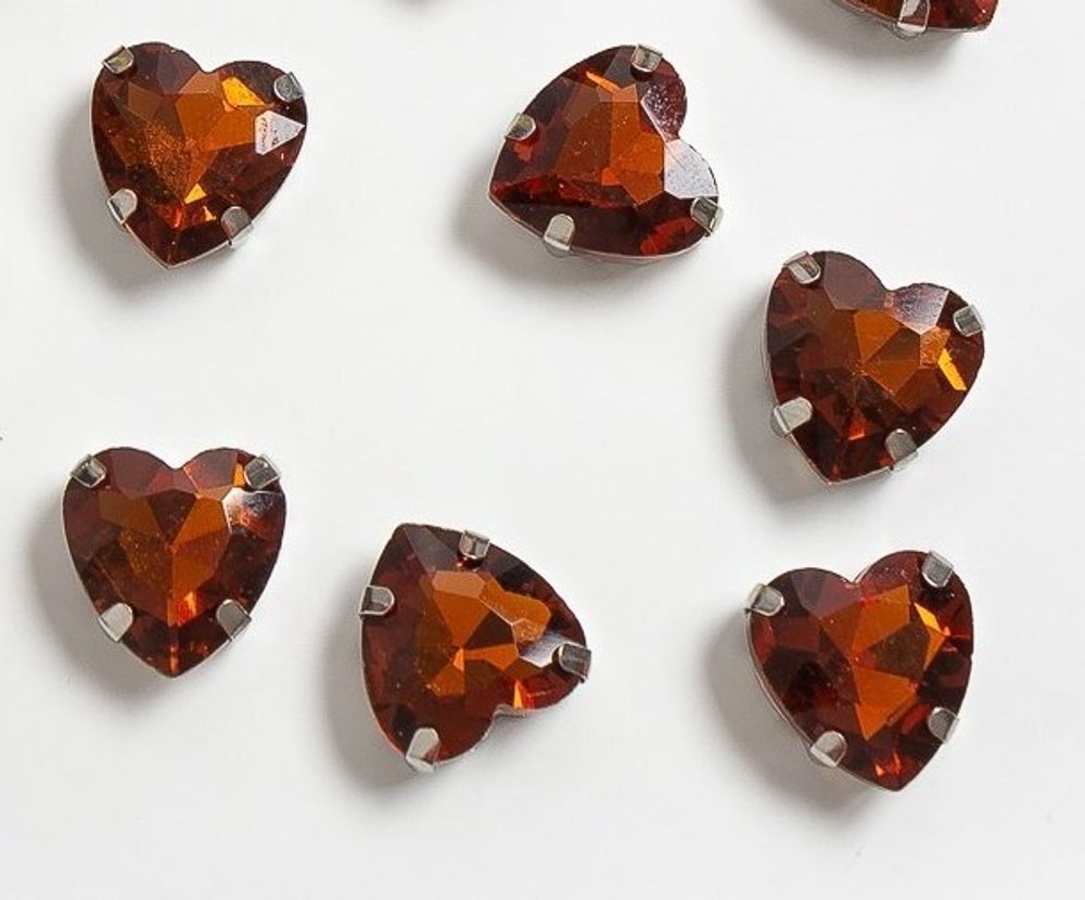 Стразы пришивные стекло в оправе "Сердечко", р. 12 мм, коричневый