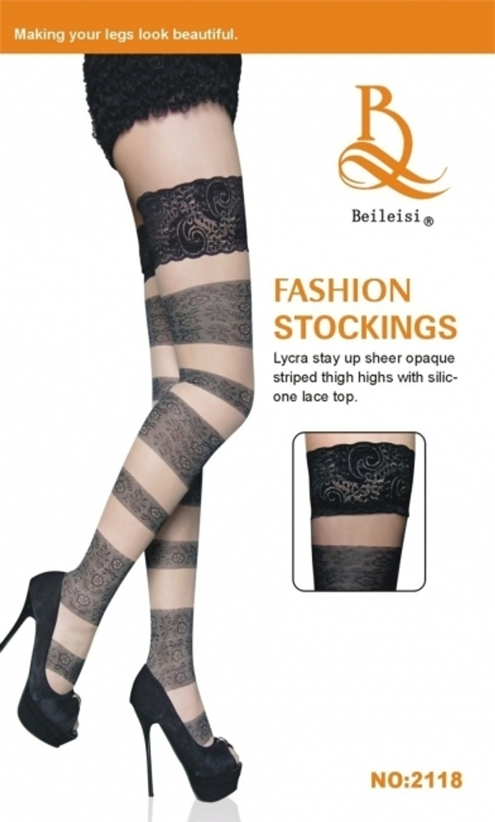 Чулки с кружевными полосками, 42-46 (Цвет: черный)