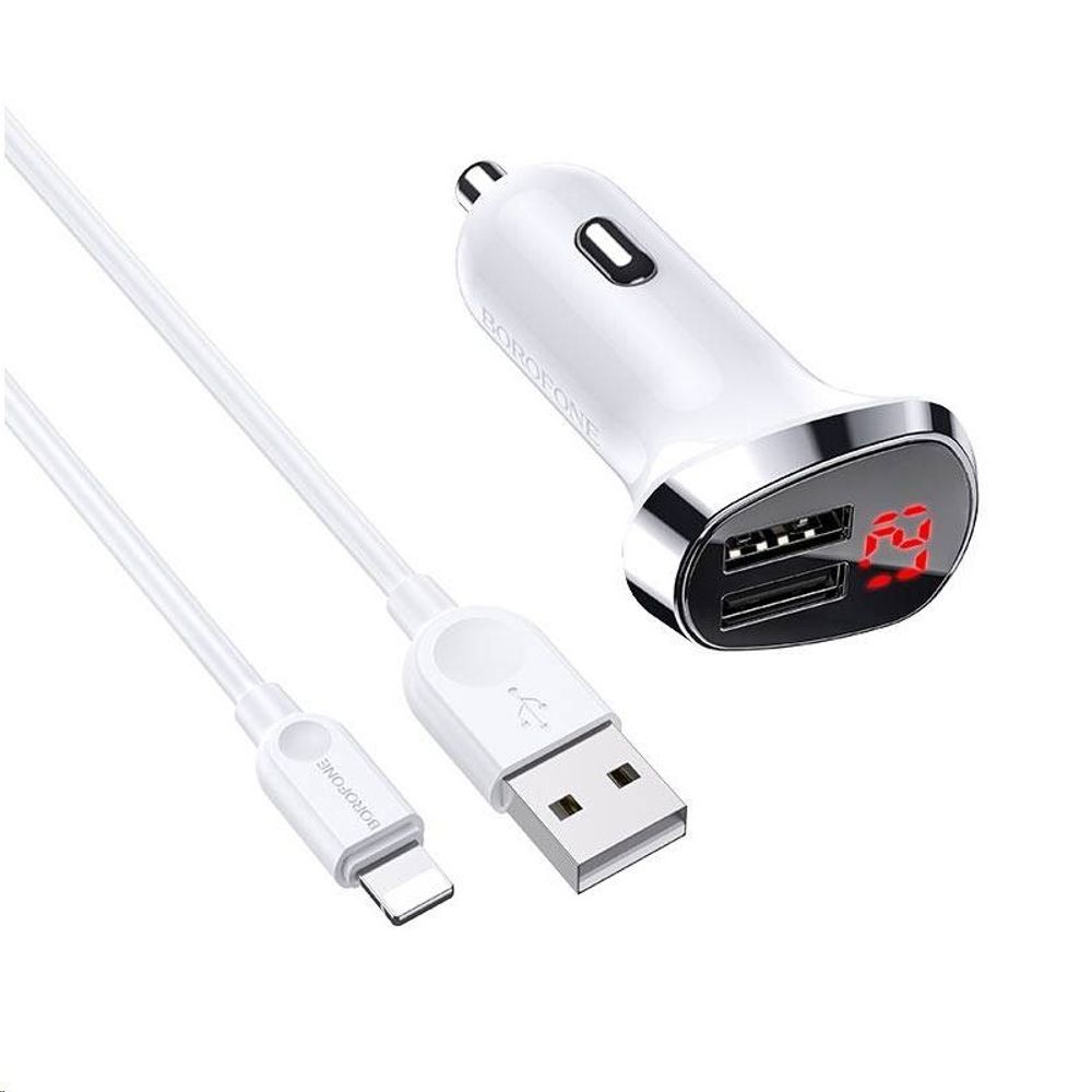 Зарядное устр-во в прикур. 2 USB 2.4A + кабель Lightning /Iphone/+ вольтметр (BOROFONE)