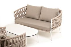 "Диего" лаунж-зона 4-местная плетеная из роупа (веревки), каркас алюминиевый белый, роуп бежевый