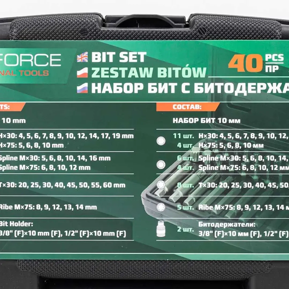 Набор бит с битодержателями, 40пр.(10мм)(30мм:Т20-Т60,Н4-Н19,М5-М16,75мм:H5-H10,M6-M12,Ribe 8-14) в пластиковом кейсе RockForce##Rock FORCE RF-4401new