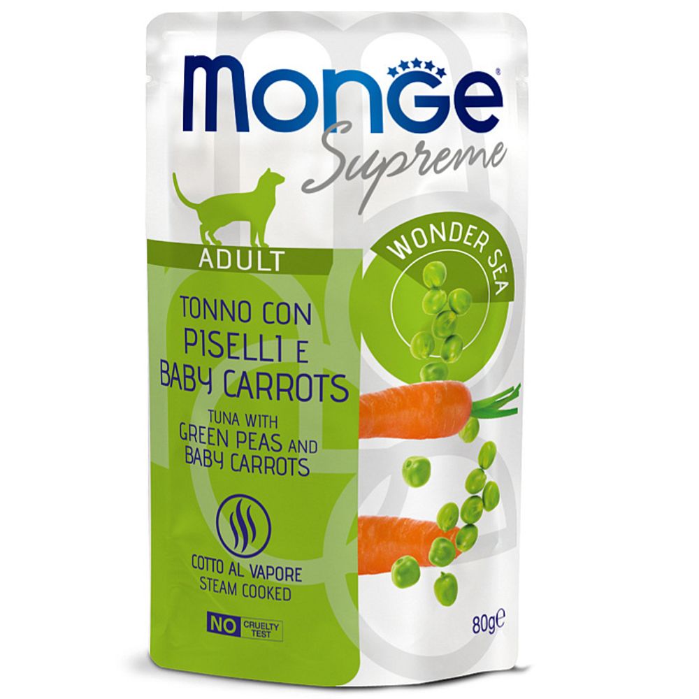 Влажный корм Monge Supreme Adult cat для взрослых кошек с зелёным горошком и мини-морковью паучи 80 г