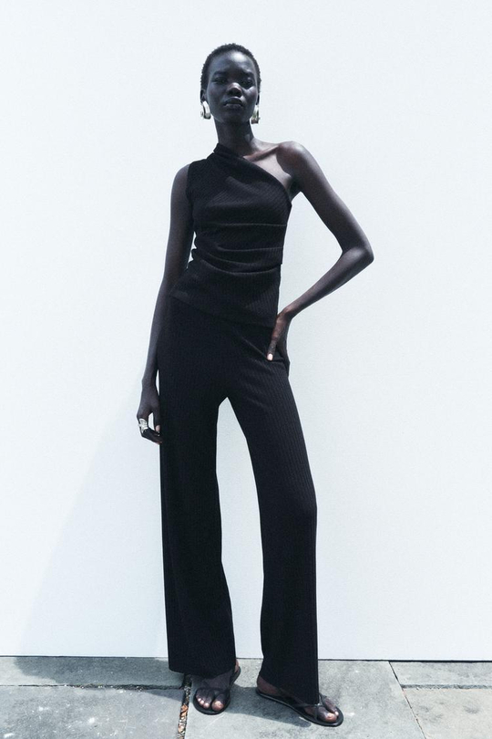 ZARA ШИРОКИЕ БРЮКИ В РУБЧИК, ЧЕРНЫЙ