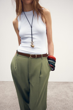 ZARA БРЮКИ ПРЯМОГО КРОЯ ИЗ СМЕСОВОГО ЛЬНА С РЕМНЕМ, СВЕТЛЫЙ ХАКИ