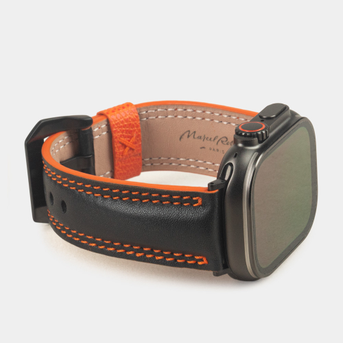 Ремешок для Apple Watch Ultra 49mm из кожи теленка черного цвета с оранжевой строчкой