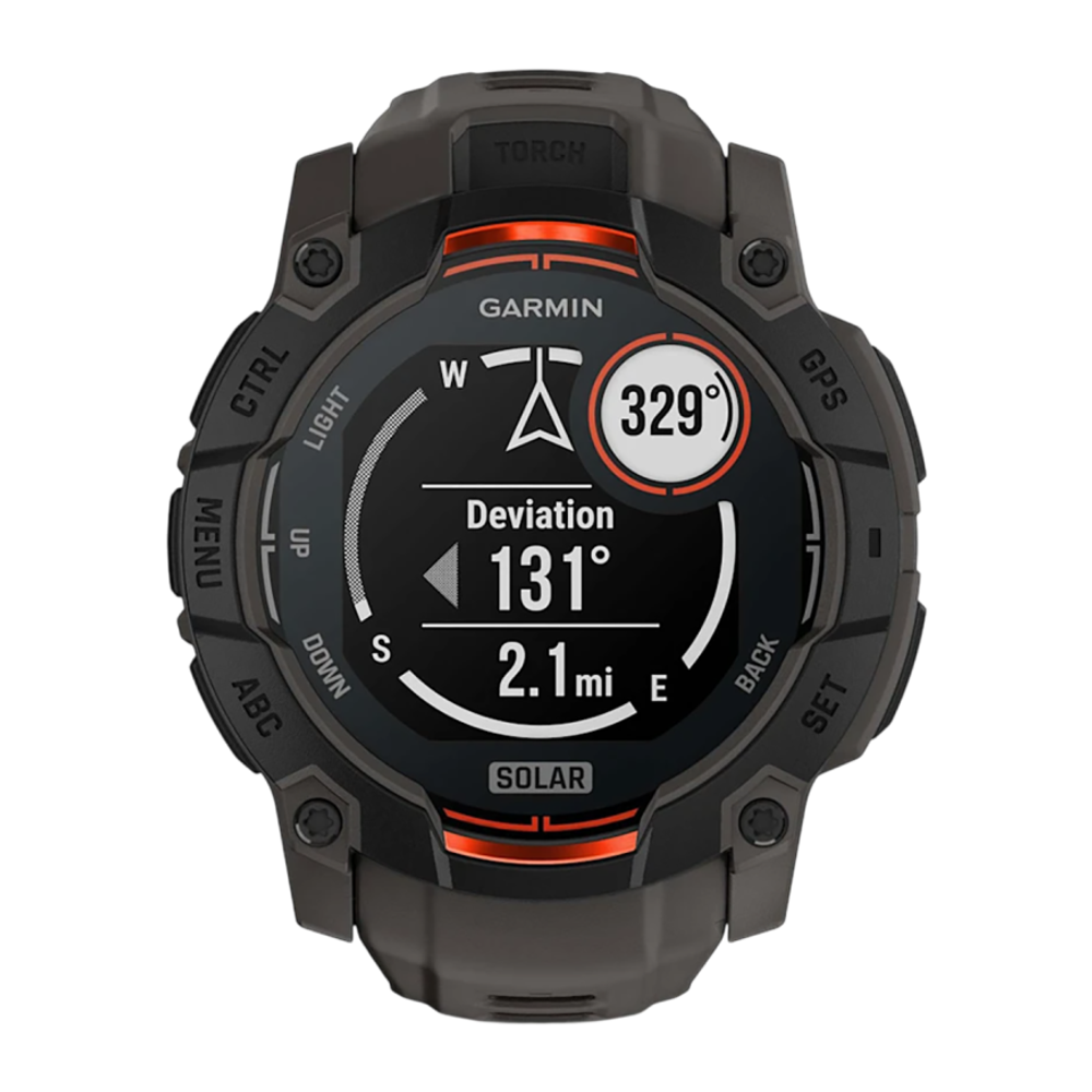 Спортивные часы Garmin Instinct 3, 50 мм, Solar, силиконовый ремешок угольного цвета Чёрный безель, дисплей Solar со стеклом Power Glass. Ремешок с классической застёжкой — на запястье обхватом 141–213 мм