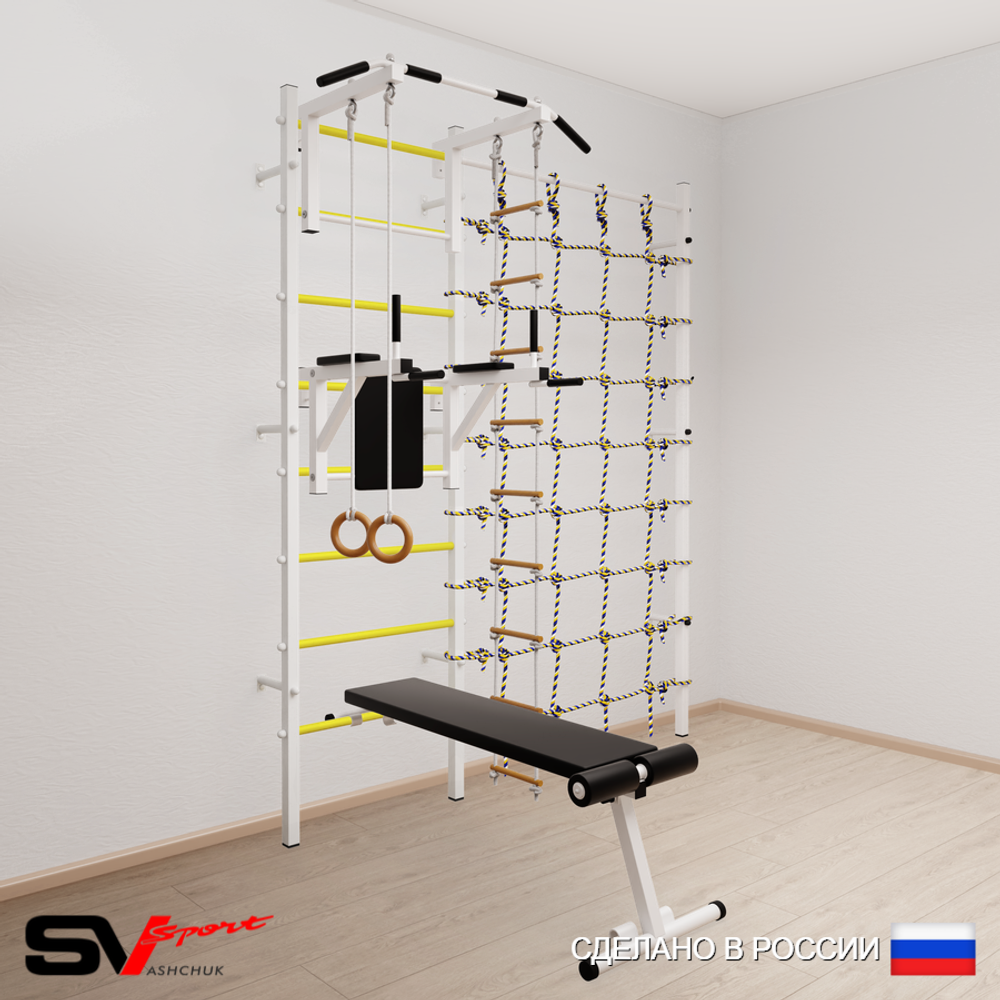 Шведская стенка Sv Sport усиленная 6880 (Турник стандарт/Брусья/Скамья/Кольца/Лестница/Канатный лаз)
