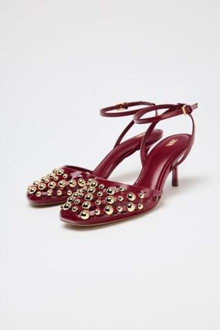 ZARA ТУФЛИ-МЮЛИ НА ВЫСОКОМ КАБЛУКЕ С ЗАКЛЕПКАМИ, КРАСНЫЙ