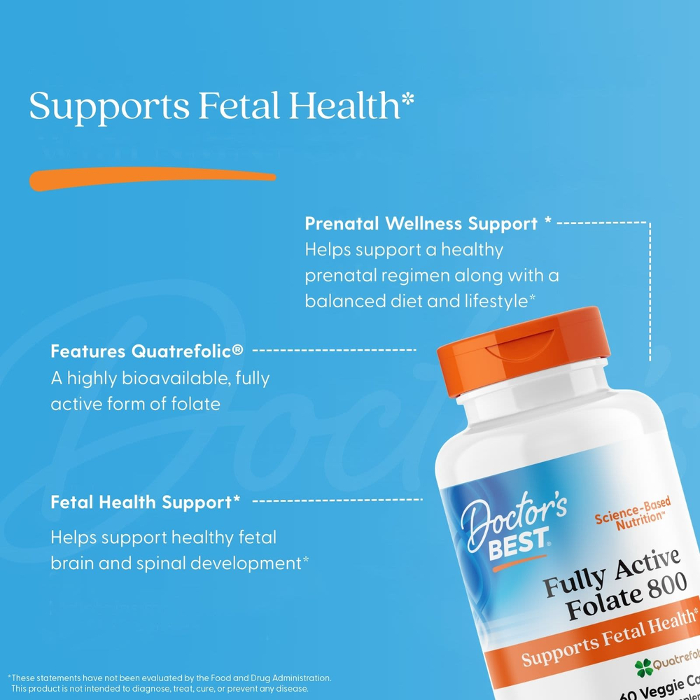 Doctor's Best, Fully Active Folate 800, фолат, 800 мкг, 60 растительных капсул